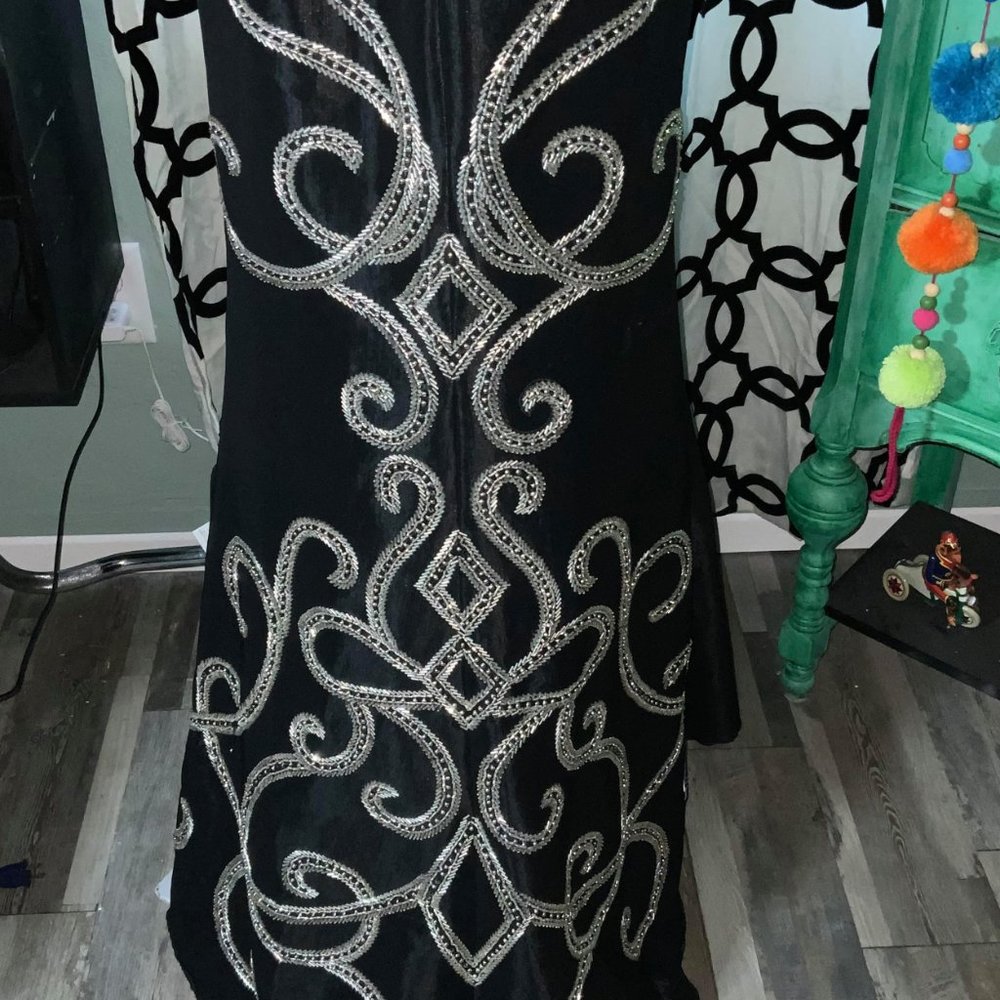 Black Satin Mermaid Beaded dress Camille La Vie